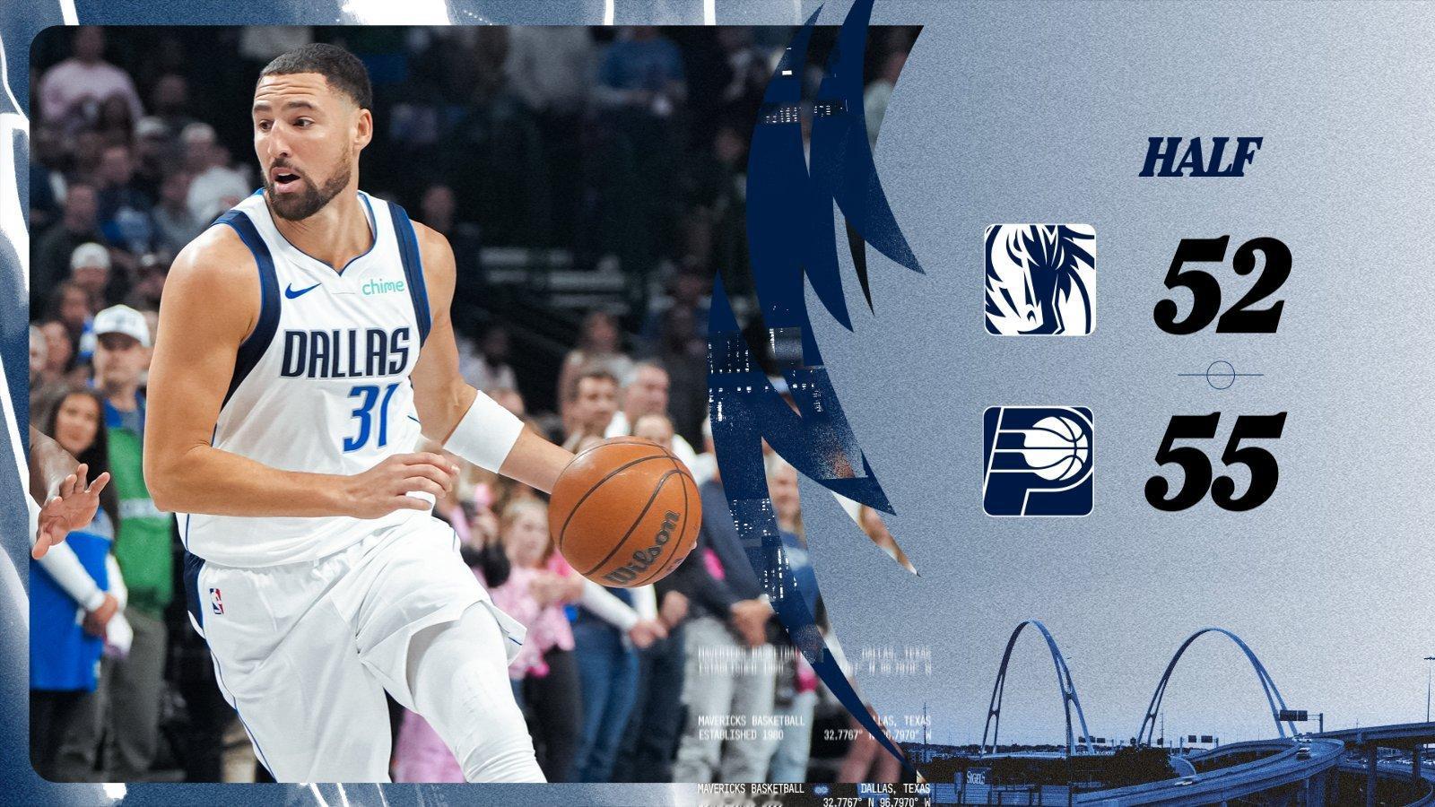 半场结束，独行侠 52-55 落后 3 分。布威上半场拿下 10 分，老鲍临危受