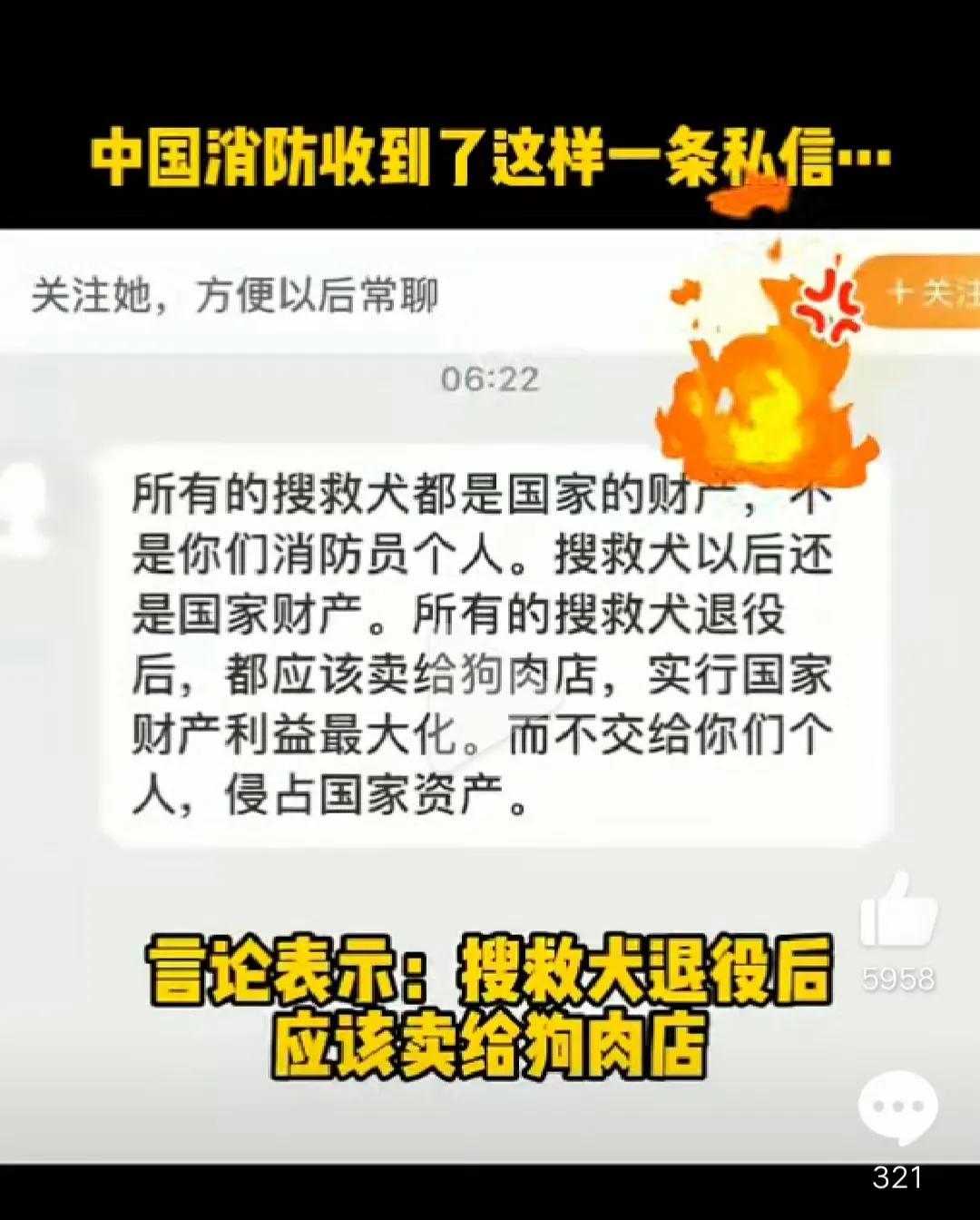 中国消防收到了这样一条让人无比气愤的私信："搜救犬退役后应该卖给狗肉店，搜救犬是