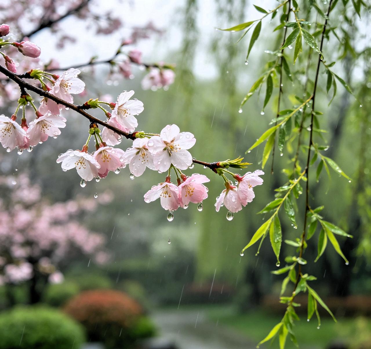 上联：雨打新枝花滚泪，
下联：风梳嫩柳叶含颦。
 
简释：
骤雨叩击初绽的花枝，