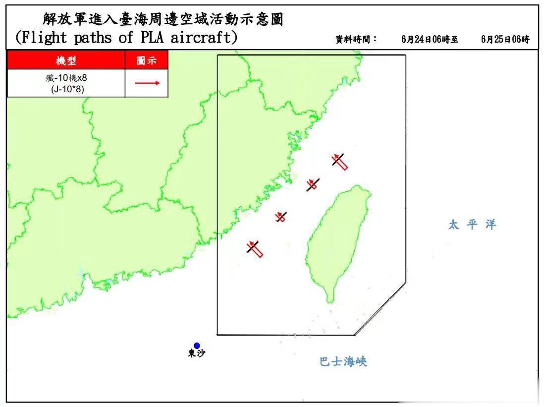 越来越近了，截至今天（6月25日）早8点的24小时内，解放军派出了8架歼-10战