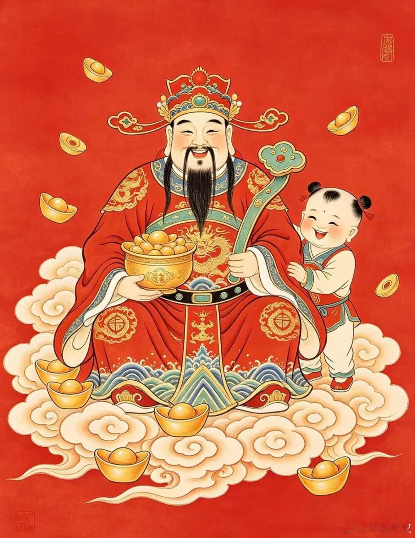 财神到，祥云绕，开门见喜财运高。愿生意红火通四海，财源茂盛达三江，出入平安，万事