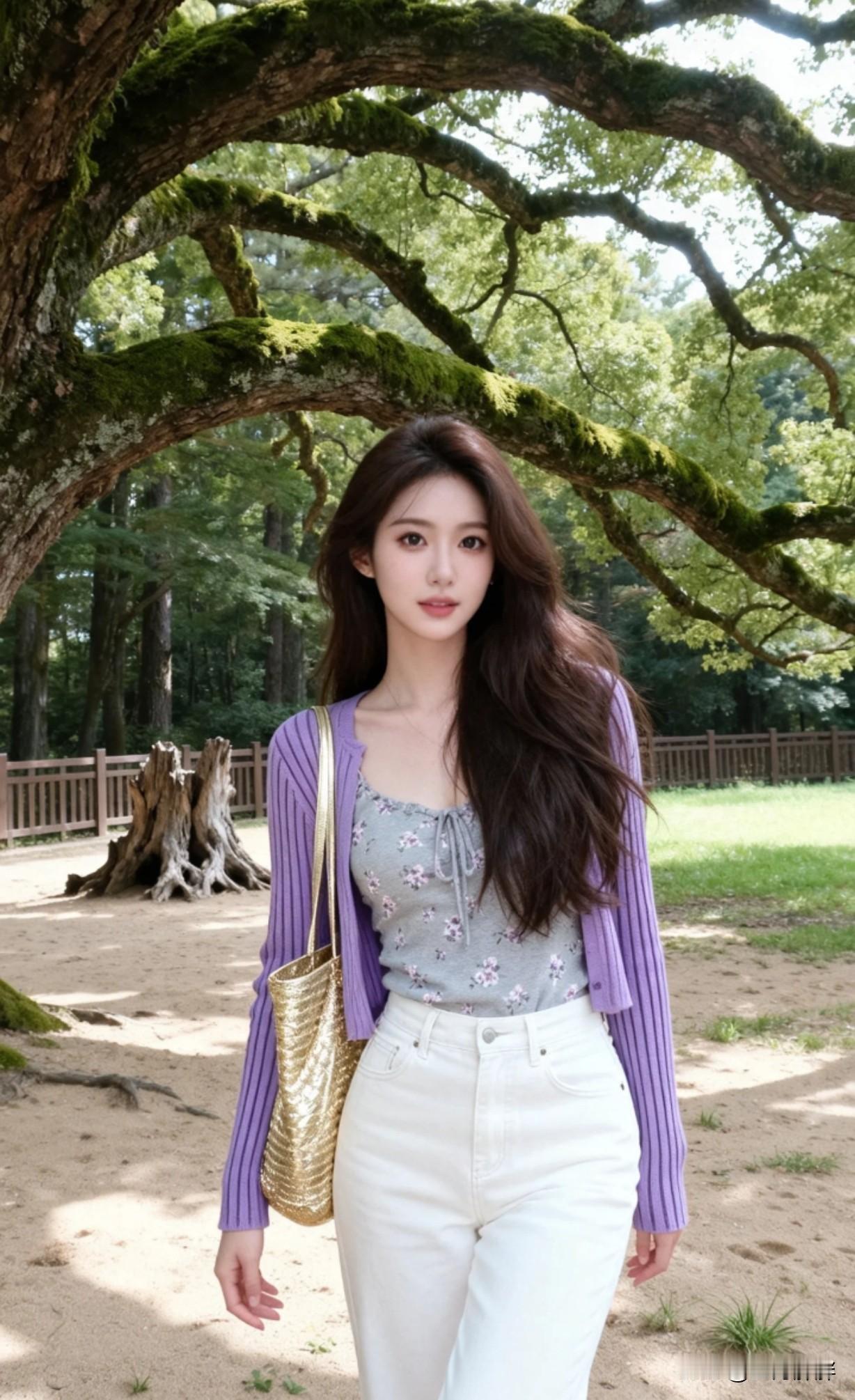 森林中的甜美少女，紫色条纹外套与白色牛仔裤的完美搭配，手提金色小包，清新自然。紫