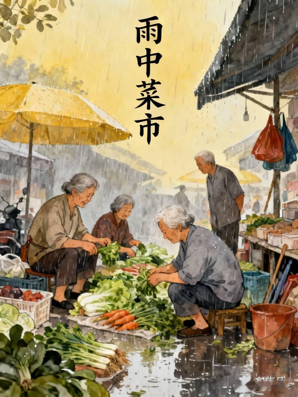 几位大爷大娘
在雨中卖菜
菜价钱都不贵
辣椒一元一斤
茄子四毛钱一斤或者七毛钱一