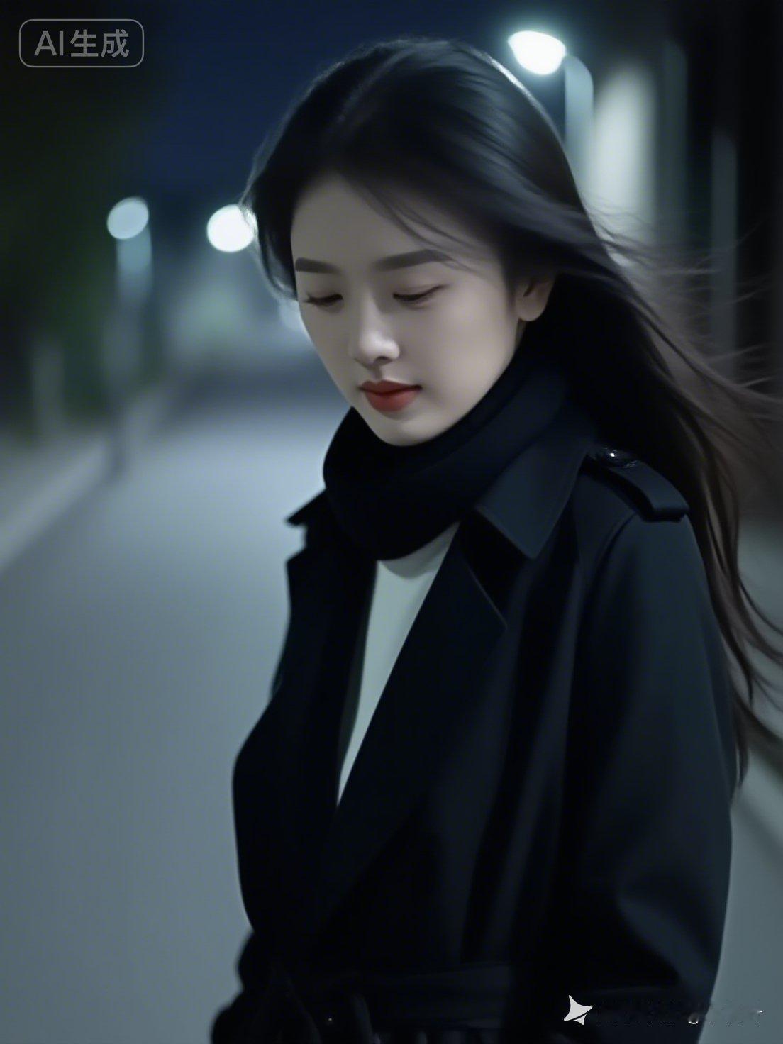 女子低头静立昏暗街灯之下，发丝随风轻扬泛着光泽。面容宁静美丽，自带伤感气质，神秘