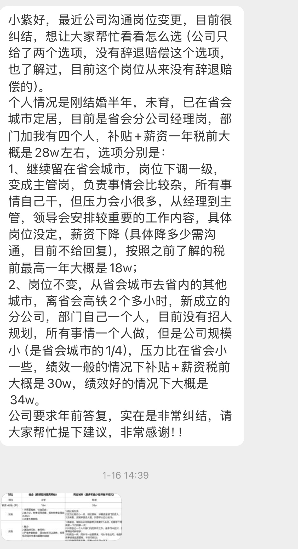 【小紫好，最近公司沟通岗位变更，目前很纠结，想让大家帮忙看看怎么选（公司只给了两