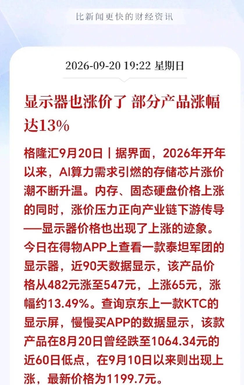 周末晚间突发重磅：显示器要涨价了，内存涨完、硬盘涨完，显示器也开始跟涨。有产品近