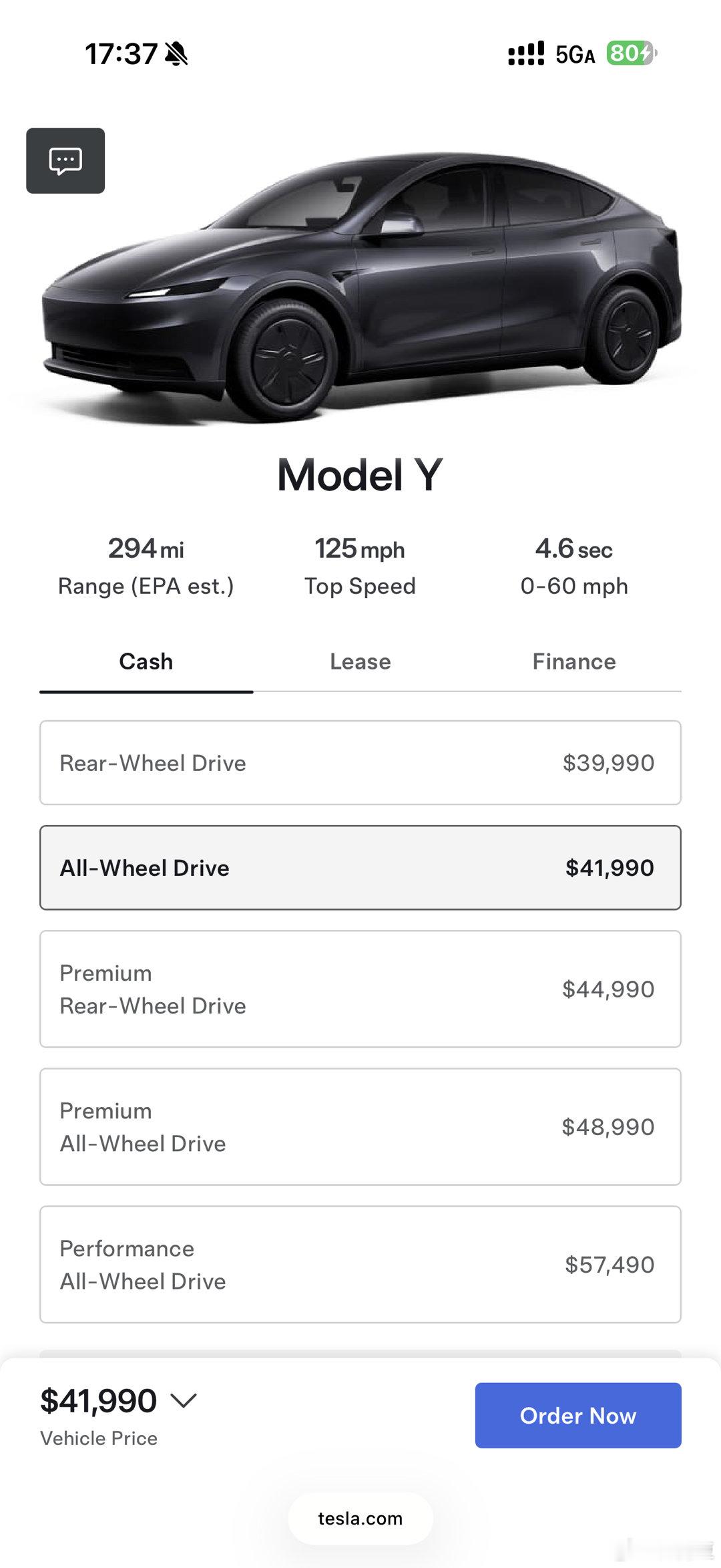 北美现在Model Y有5个版本新推出了丐版Standard 四驱版 售价419