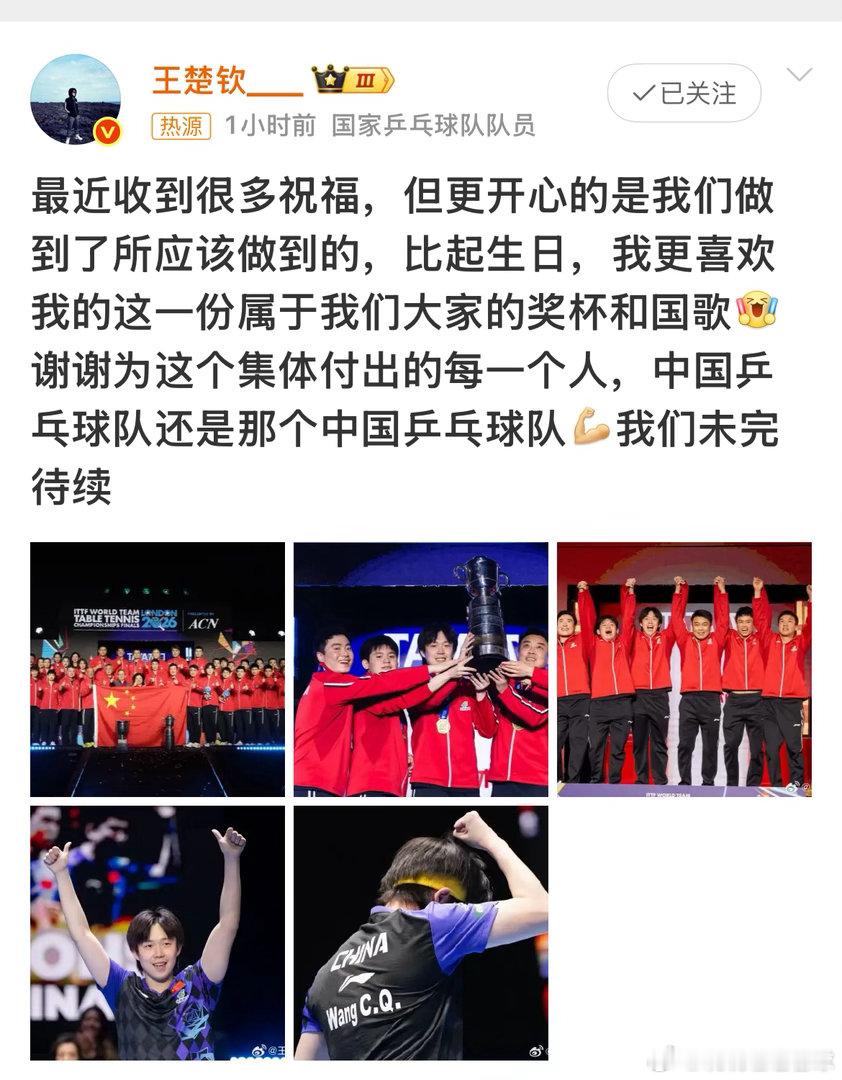 王楚钦发博总结世乒赛总结的太好了！能让国旗升起来的人绝对错不了！王楚钦你就是最棒