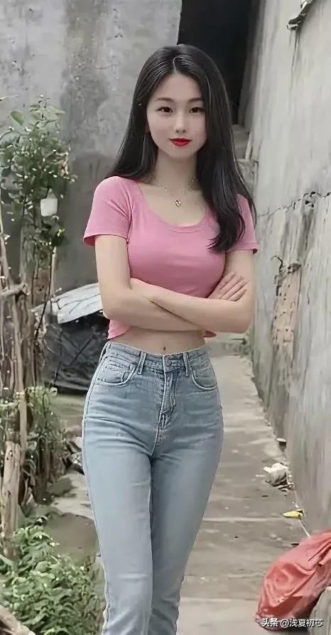 清新甜美少女风，粉色T恤搭配牛仔裤，轻松出街！