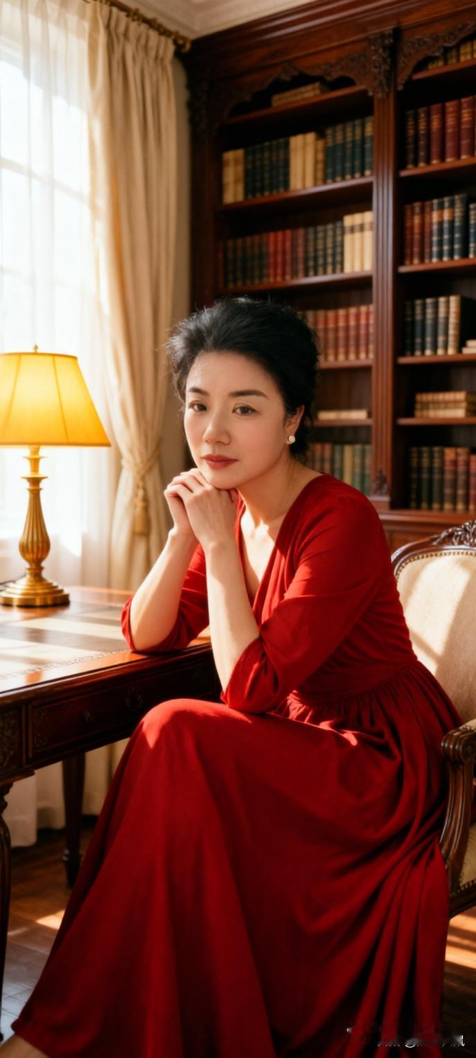 想象一下，一位身着优雅红裙的女子，静静坐在静谧书房里，这画面简直美到失语。
柔和