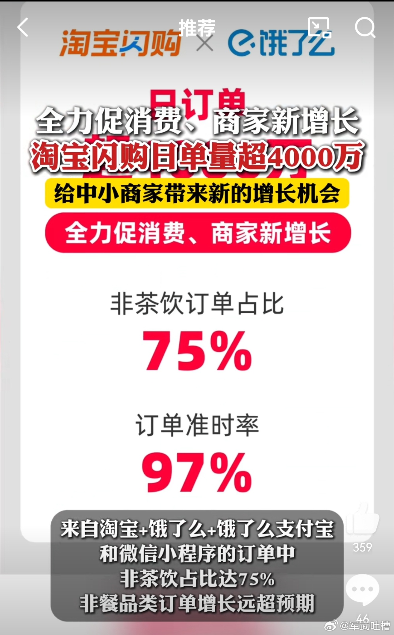 淘宝闪购日单量超4000万这就对了，网上购买，实体店送单，既方便了人民群众，又盘