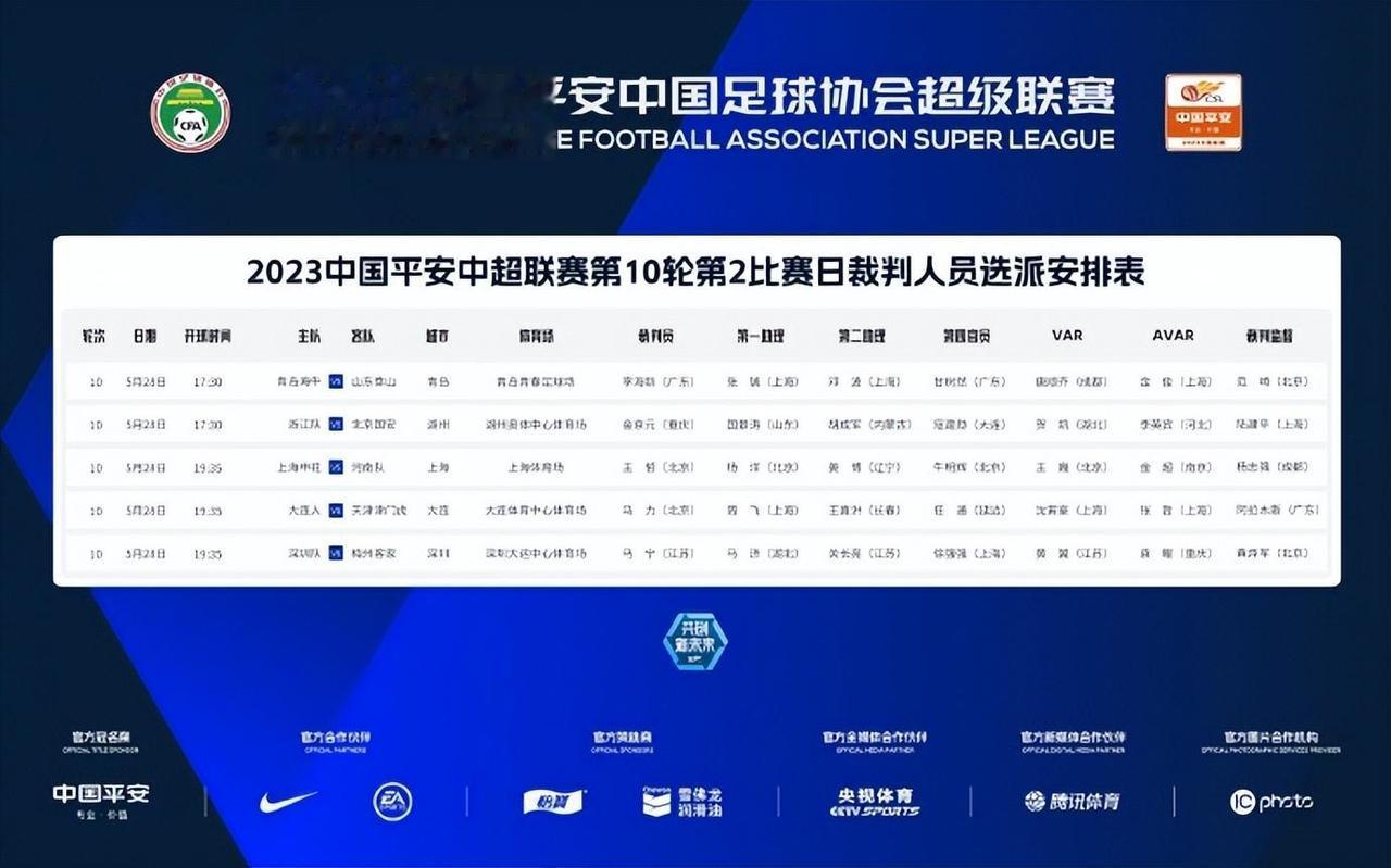 北京时间5月28日，中超第10轮的比赛继续进行，赛前，中超官方公布了本轮比赛的执