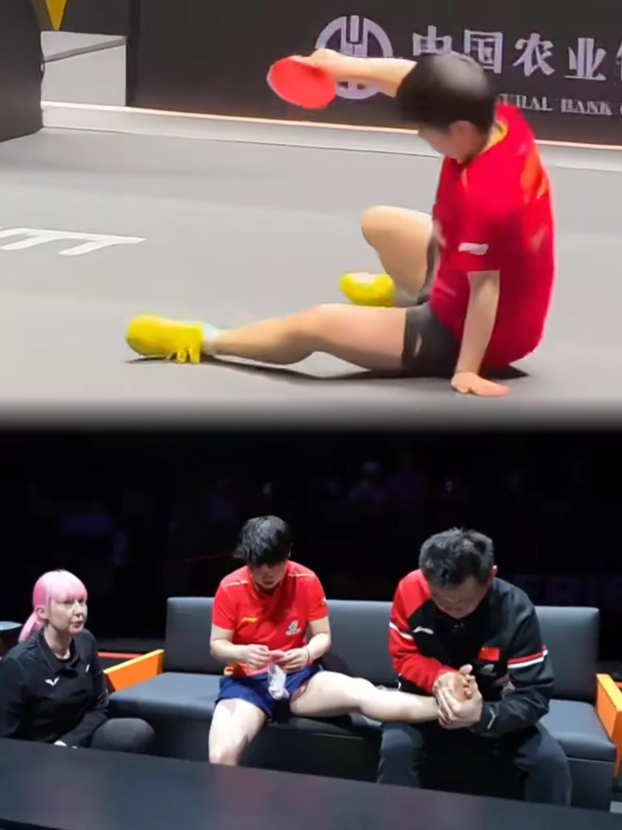 突发！孙颖莎受伤了，
本来想贴个肌肉贴，
工作人员都不同意吗？
把德华都急得快“