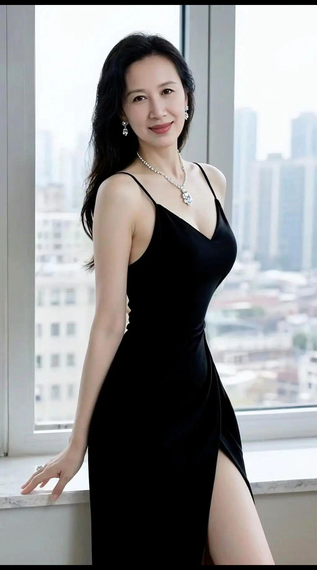 优雅的黑色长裙，勾勒出曼妙的身姿，仿佛夜幕下的一抹神秘。裙摆轻扬，像是在低语，诉
