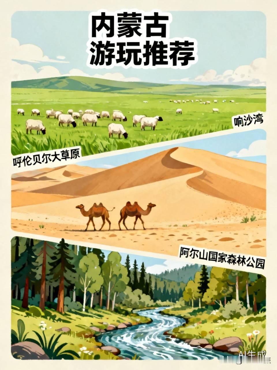 去内蒙古游玩，好玩的地方可太多了。
呼伦贝尔大草原不能错过，它在呼伦贝尔市，是世