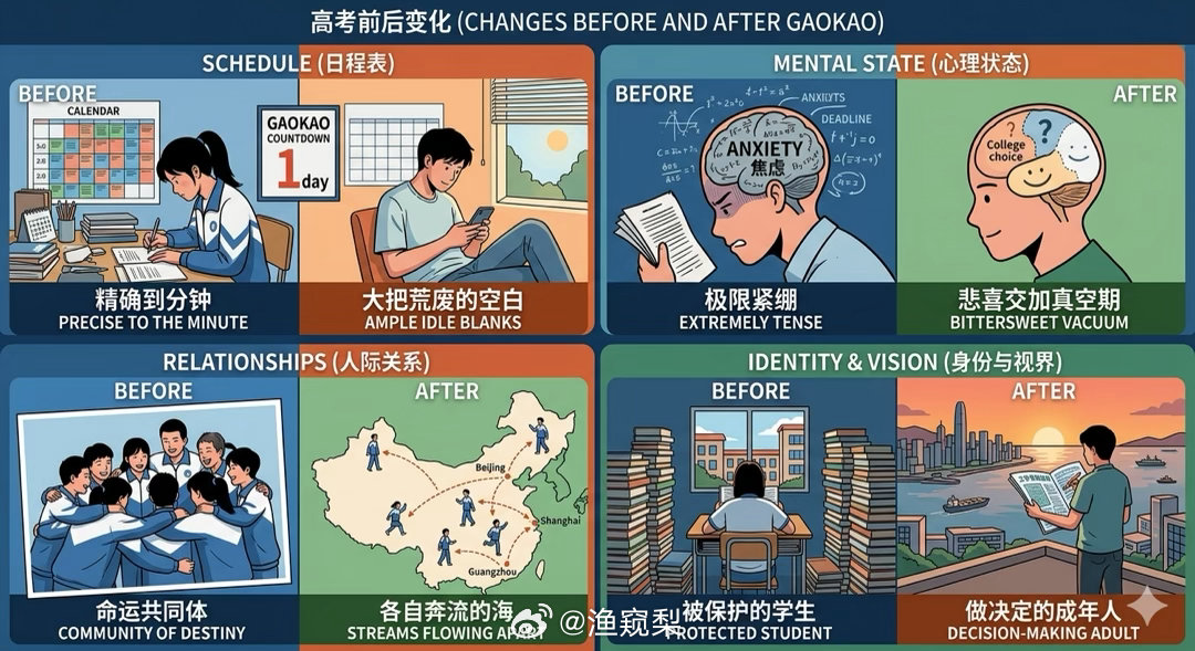 高考前后，真的像是“体验了两个截然不同的人间”。这种变化不仅是日程表上的，更是心