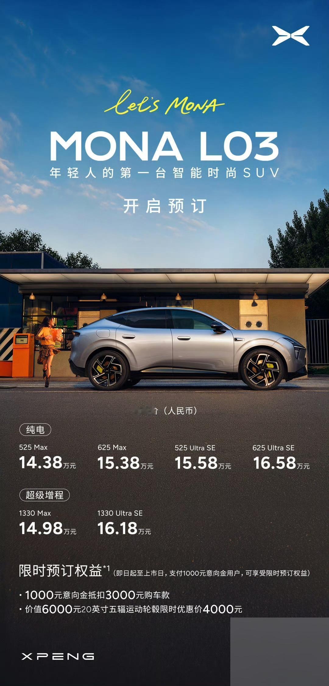小鹏Mona L03预售价：14.38万元
纯电价格：
525km这个数字一摆出