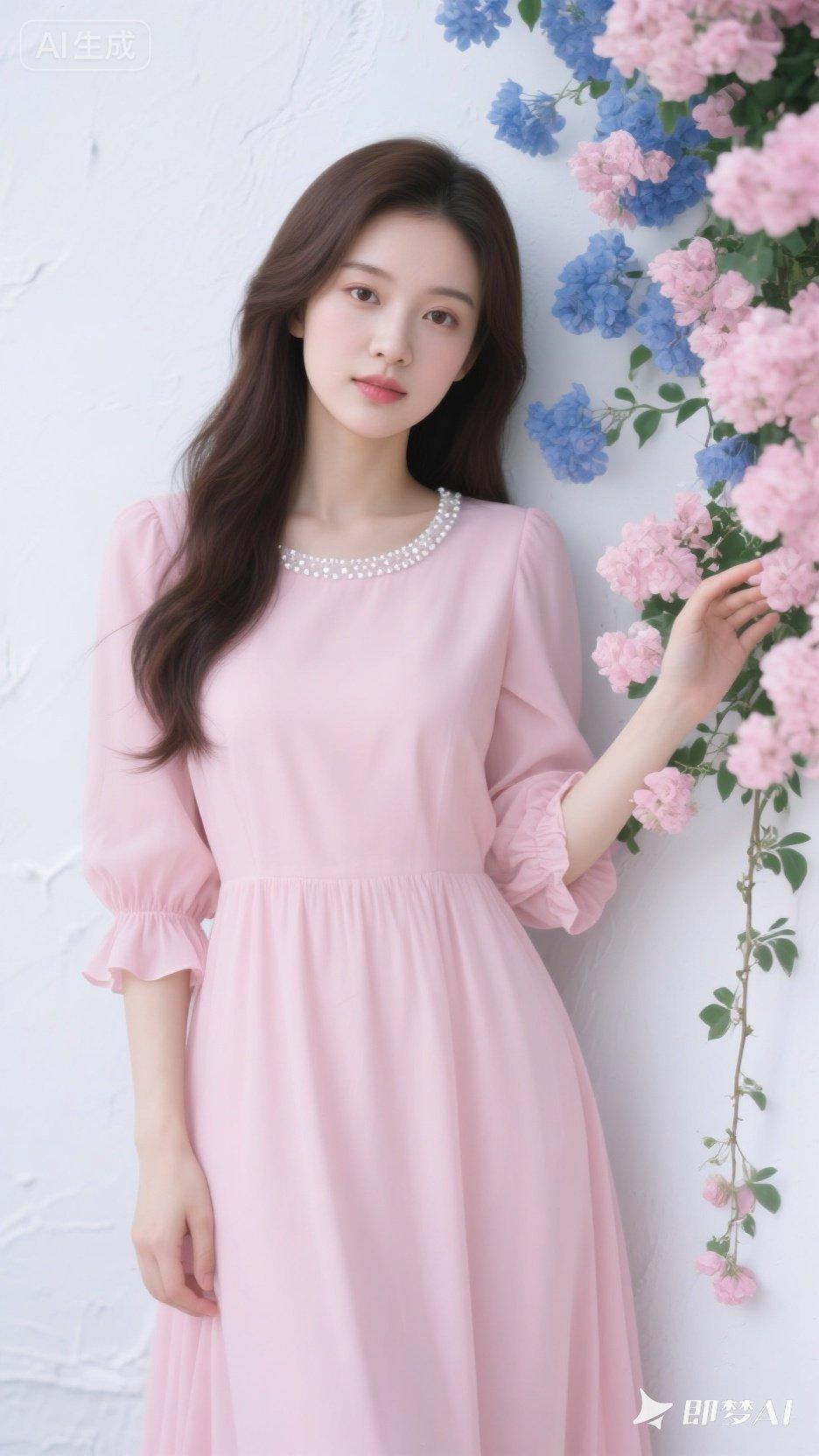 粉色长裙少女，梦幻花海背景，甜美动人