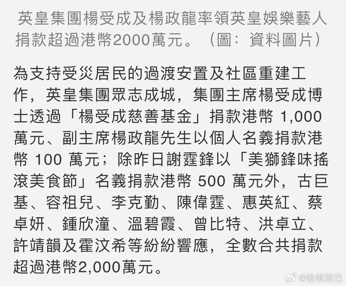 陈伟霆和众英皇艺人为支持受灾居民的过渡安置及社区重建工作，共捐款超过港币2000