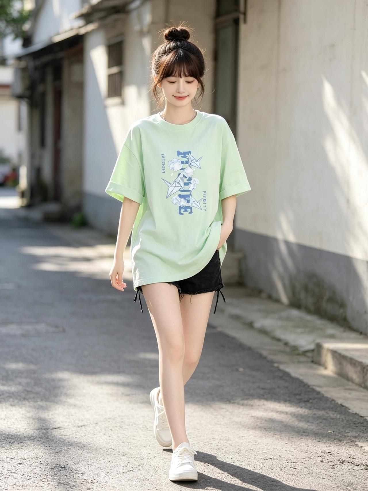 清新夏日穿搭，薄荷绿T恤搭配黑色短裤，轻松自在，少女感满满！🌞👗👟女生怎样