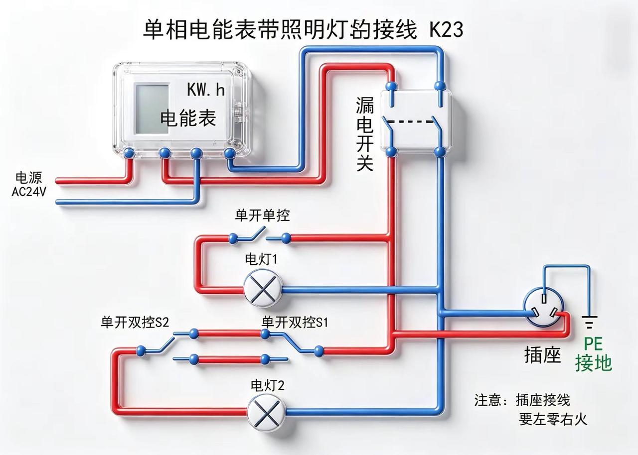 这是一套单相电能表带照明灯的接线方案，适配三相380V进线转单相220V供电的场