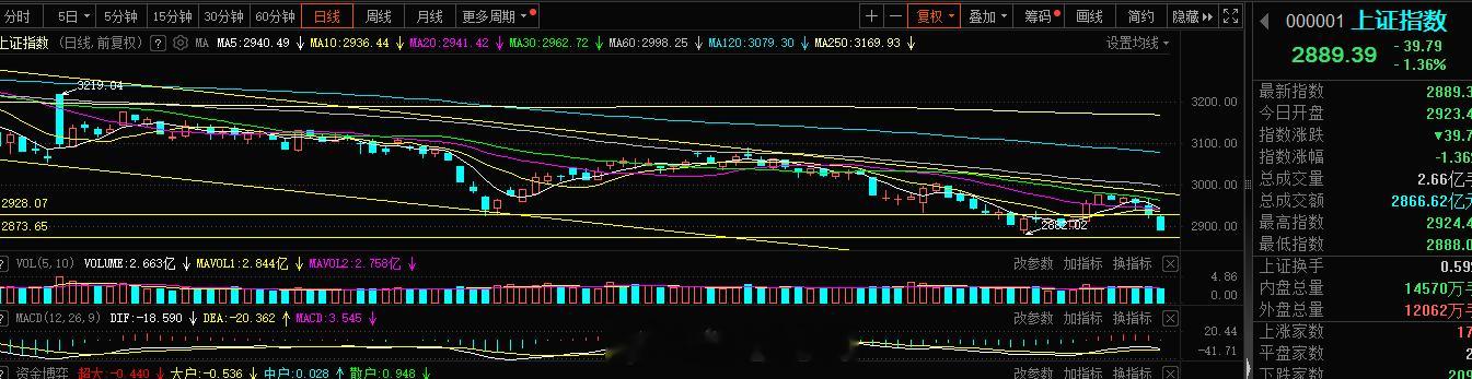 止跌了，今天缩量大跌，背离依旧，下杀无量，跌的意义在哪呢？明天距离新低2882点