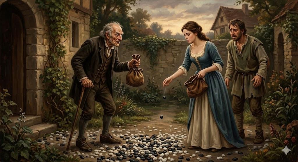 【鹅卵石的博弈：绝境中的智慧】
在一个阴云密布的午后，负债累累的商人被迫站在了人