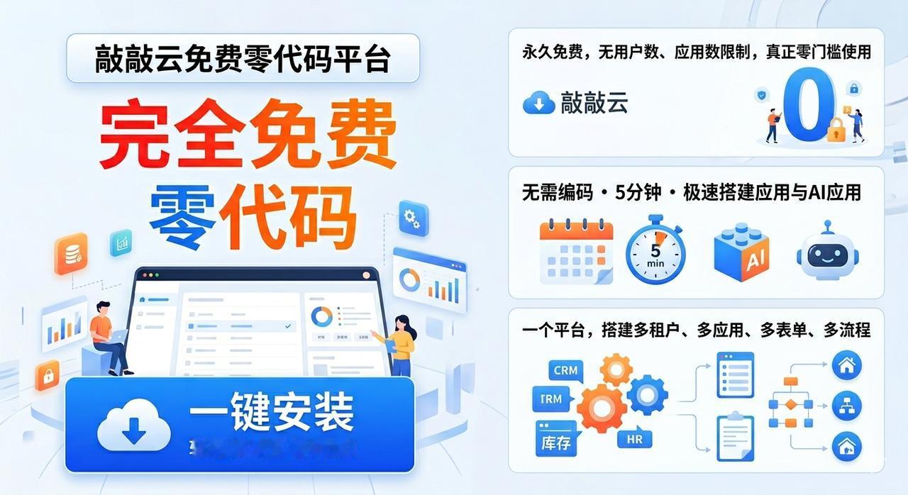 敲敲云免费零代码平台，一键安装，轻松上手，让普通人3分钟拥有一套专属业务系统，告