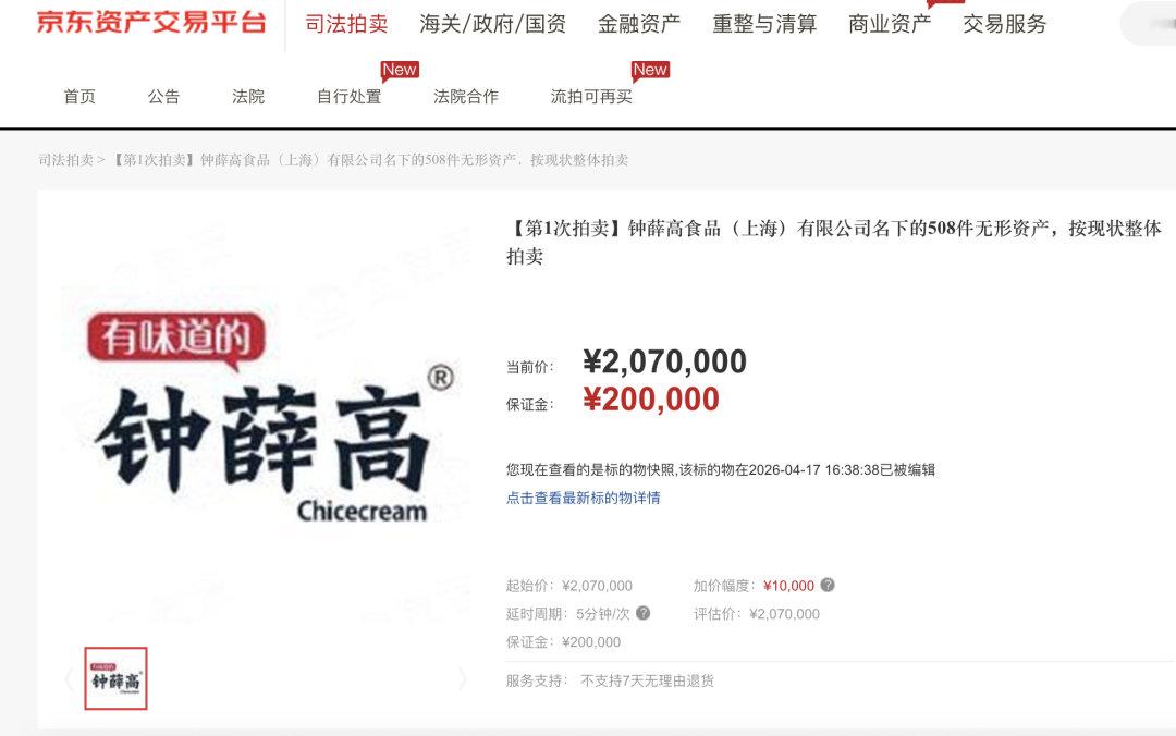 【钟薛高508件无形资产207万起拍】5月6日，资产交易平台显示，钟薛高食品公司