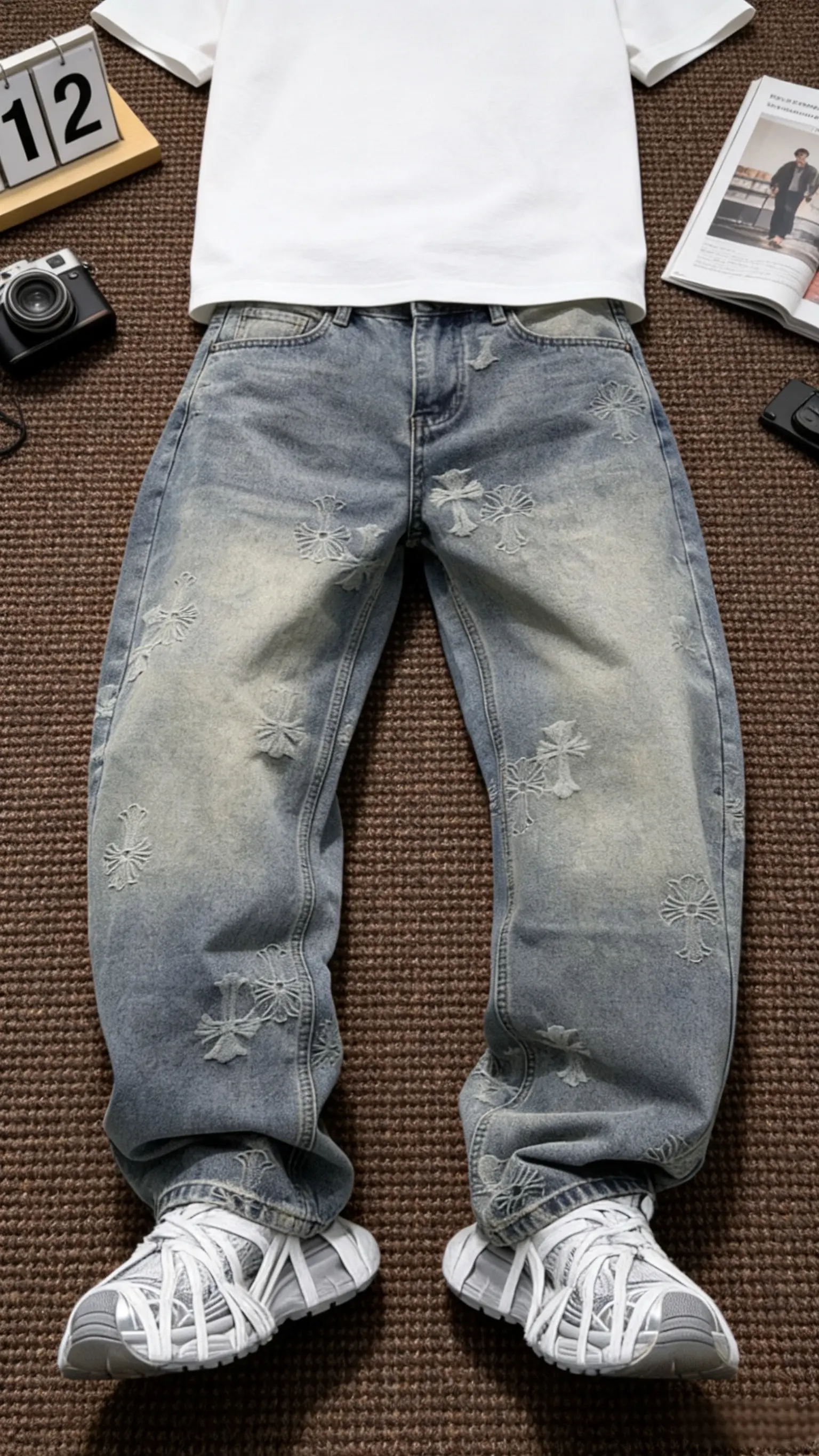 谁能拒绝这款春夏款刺绣克罗男士直筒牛仔裤休闲宽松复古做旧设计感做旧水洗