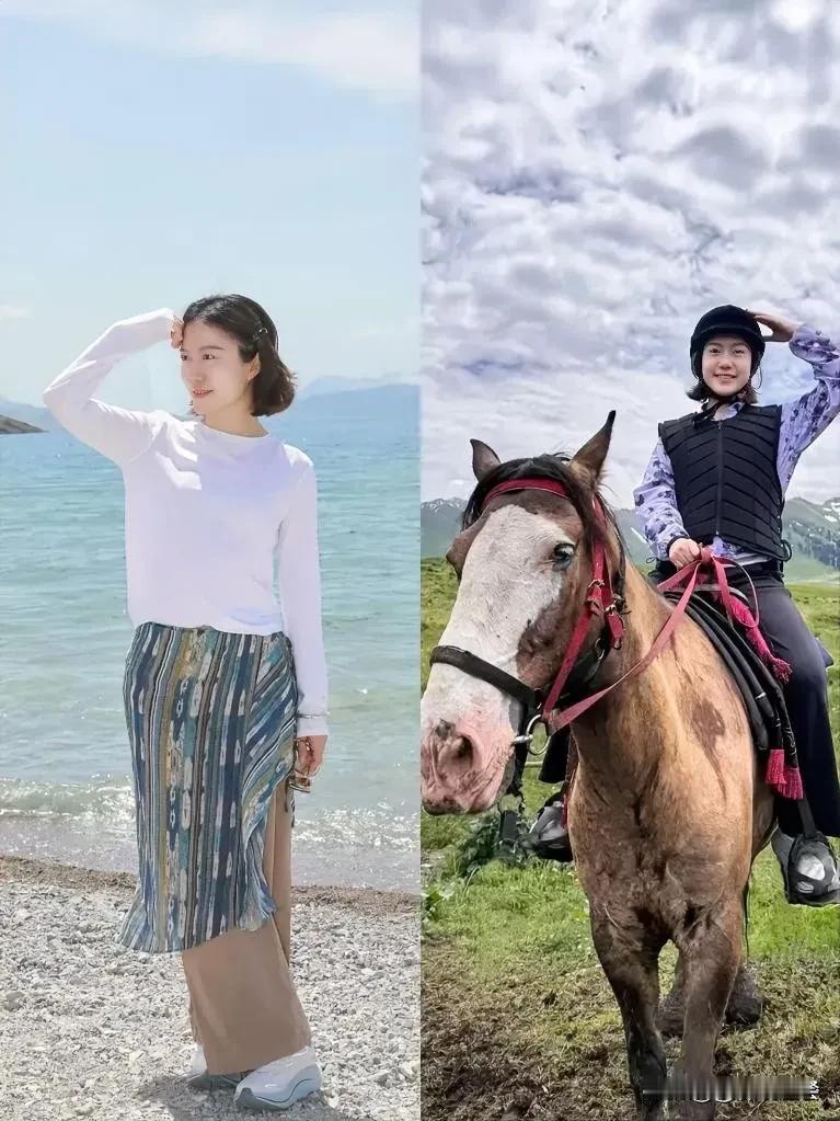 近日，翁帆晒出在新疆旅行的一组照片，她上身穿一件素色白T恤，下身配着卡其休闲裤，