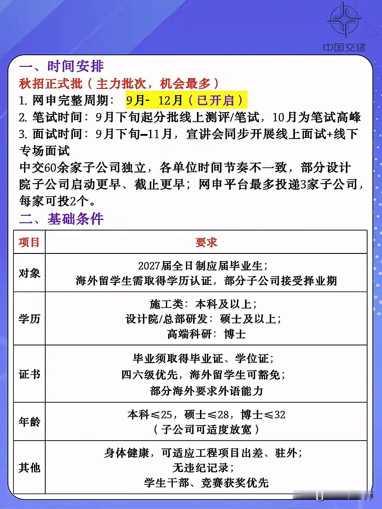 同学们，中国交建秋招正式批即将开始，这是主力批次，机会最多。网申完整周期就在9月