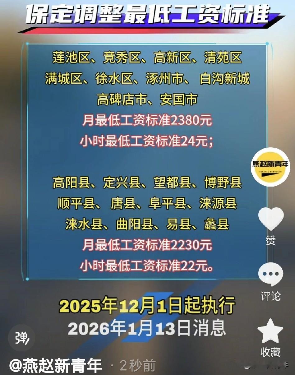 重磅！保定调整最低工资标准了！自2025年12月1日起执行，看看你们的区县是多少