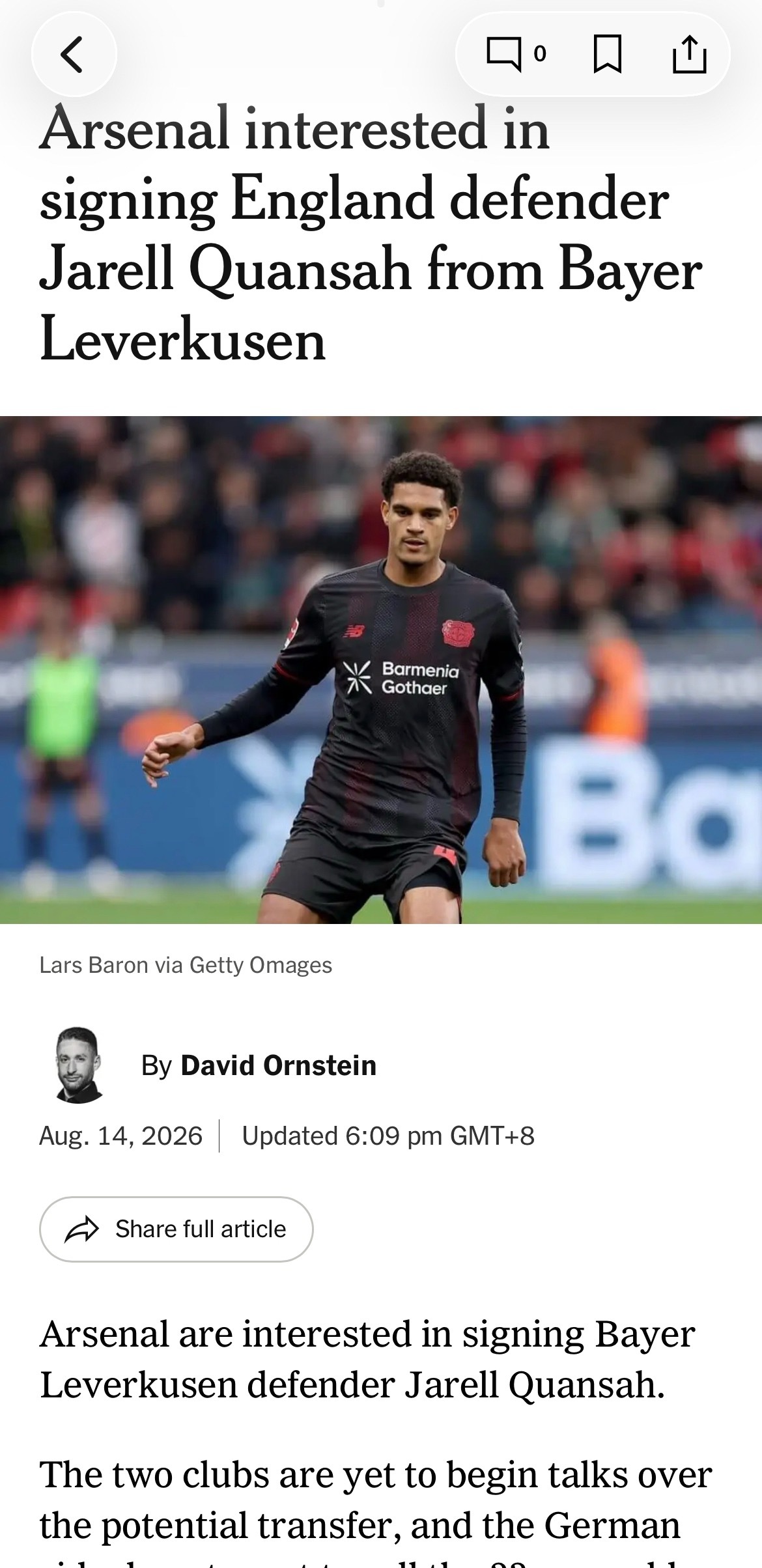 David Ornstein：阿森纳有意从勒沃库森签下英格兰后卫宽萨两家俱乐部尚