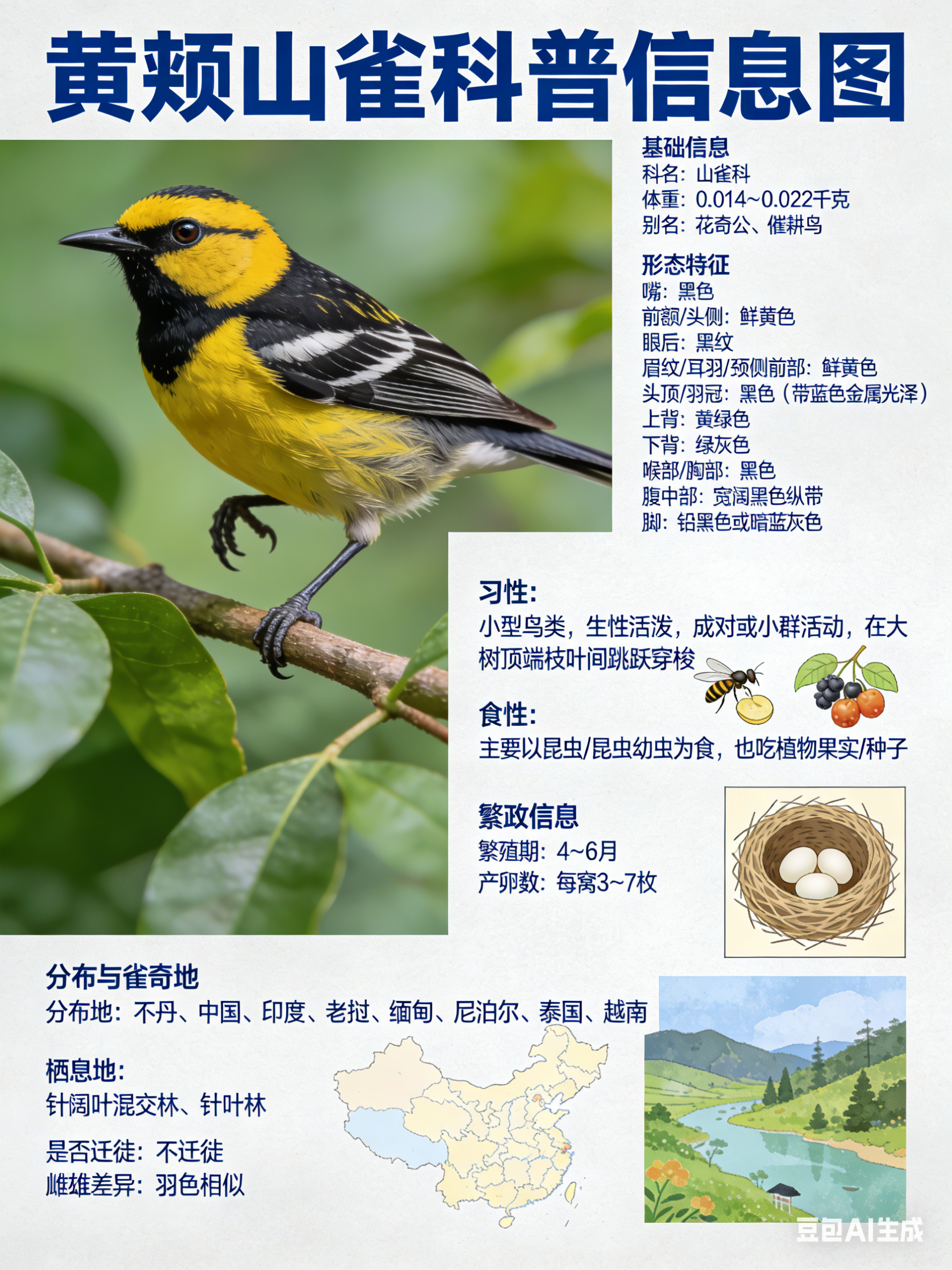 鸟类朋友图鉴 黄颊山雀科名：山雀科体重：0.014～0.022千克别名：花奇公、