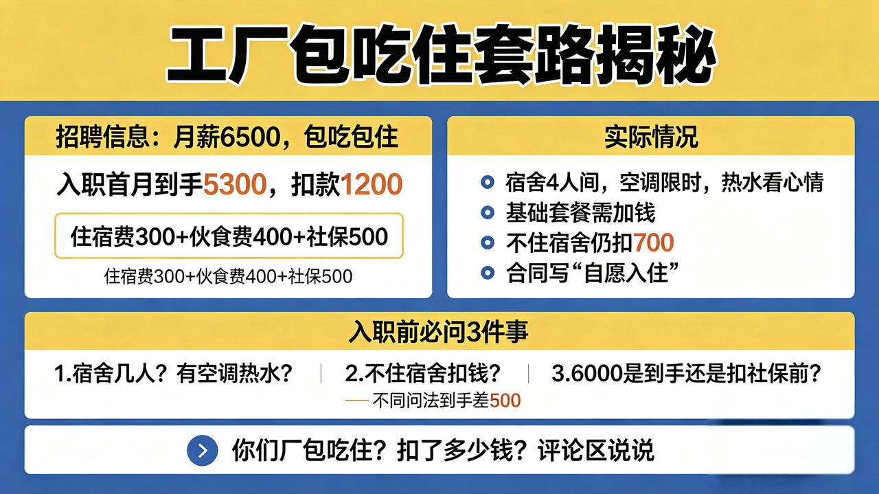 工厂说包吃住，每月扣1200。入职前你问清楚了吗？
招聘写：月薪6500，包吃包
