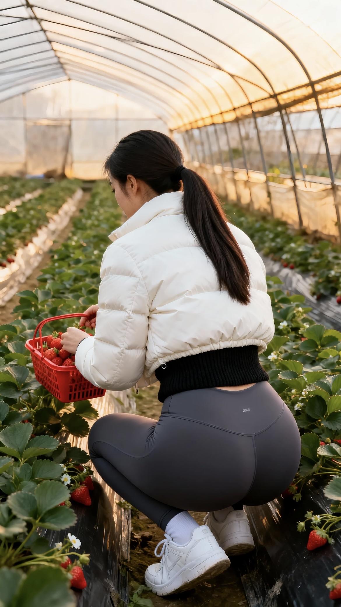 暖金的夕光透过温室的塑料棚顶，在草莓垄间洒下斑驳的光影，鲜红的草莓果坠在翠绿的枝