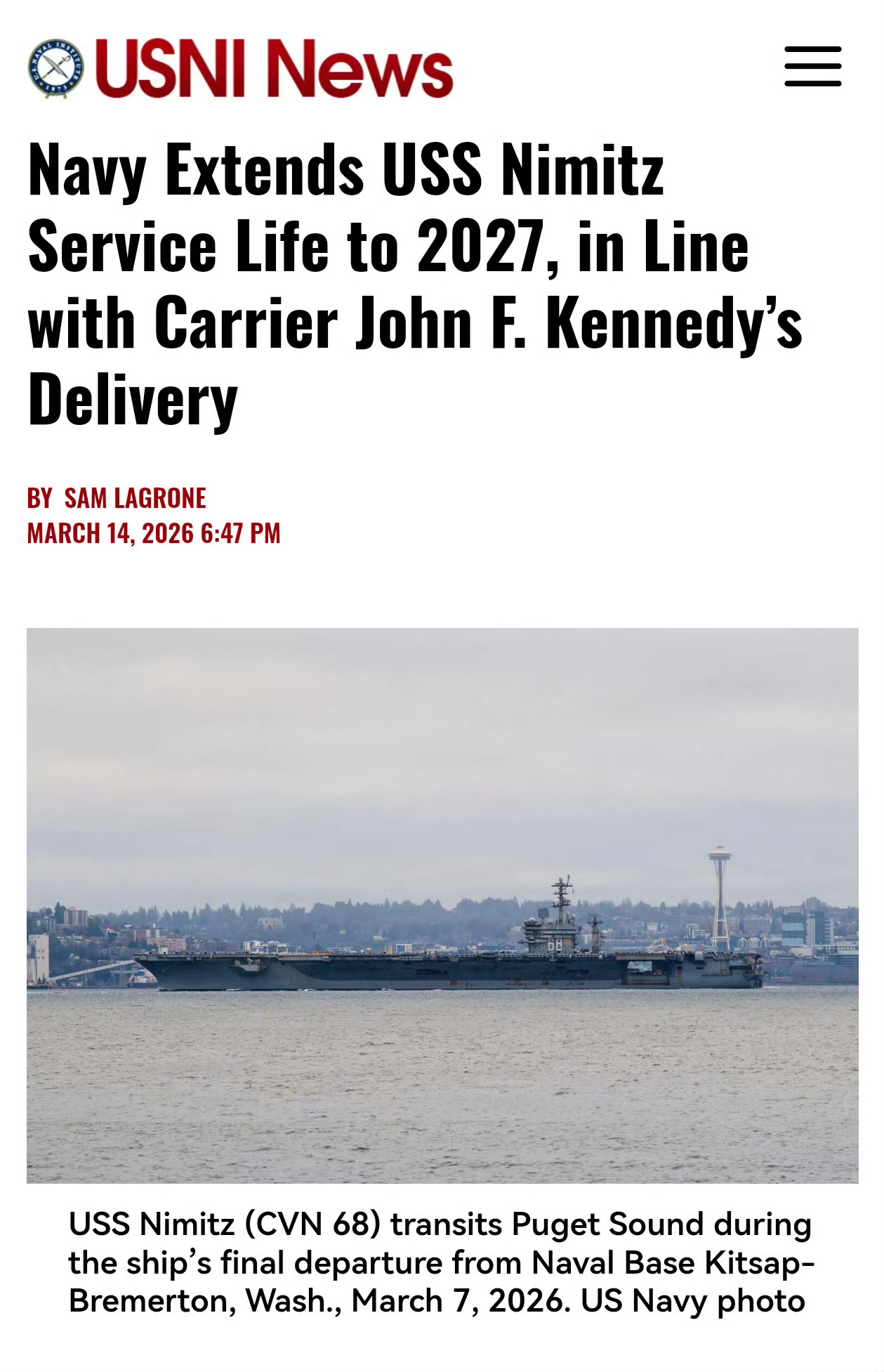 尼米兹号真的推迟退役了！USNI报道，当地时间3月14号，美国海军发布声明称，为