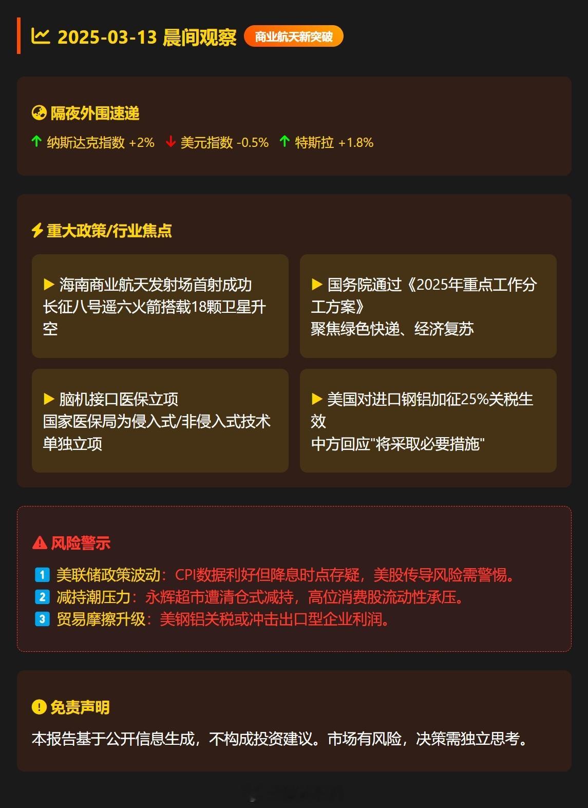 📆2025-03-13 晨间观察：商业航天新突破，AI算力再掀热潮📰 重大政