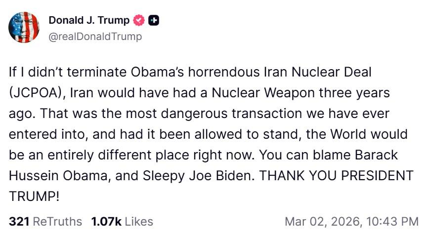 新闻快讯：特朗普借美伊冲突为退约辩护，抨击奥巴马与拜登
 
【快讯】 2026年