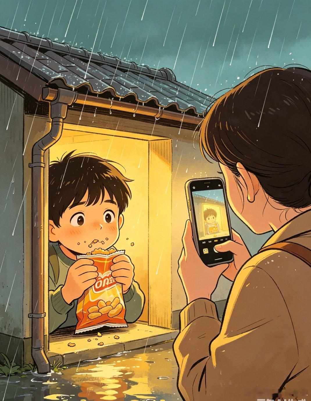 妈妈拍下孩子边躲雨边偷吃突如其来的小雨打乱了出门的脚步，小家伙赶忙跑到台子下躲雨
