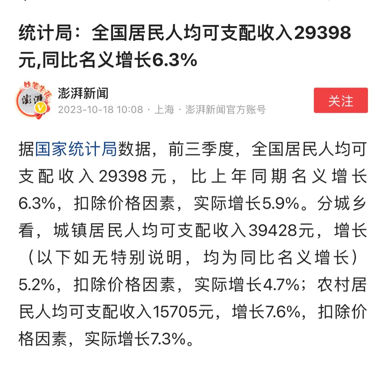 统计局：全国居民人均可支配收入29398元，同比名义增长6.3%。
不知道这个数
