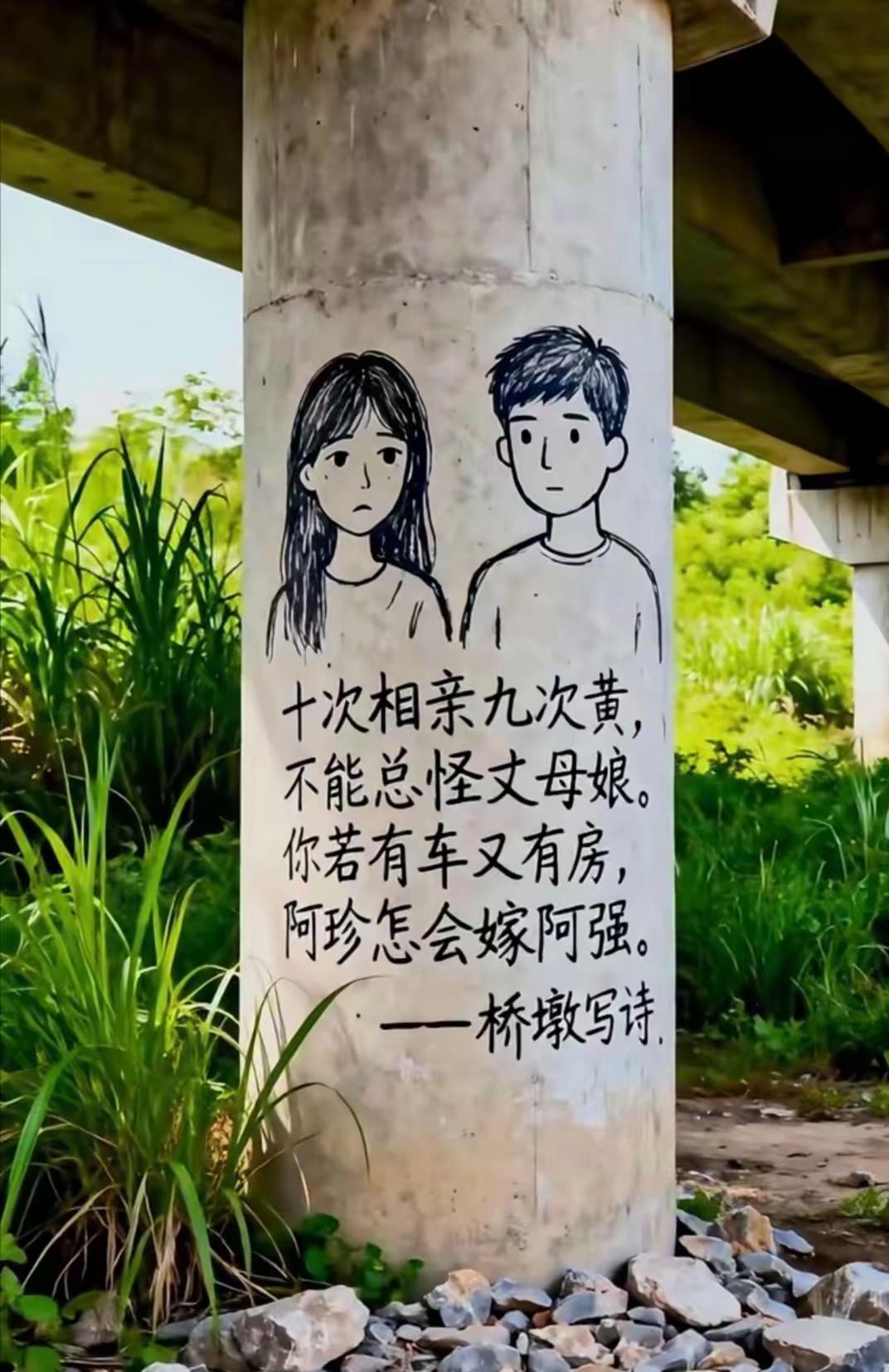 十次相亲九次黄，
不能总怪丈母娘。
你若有车又有房，
阿珍怎会嫁阿强。

我不知