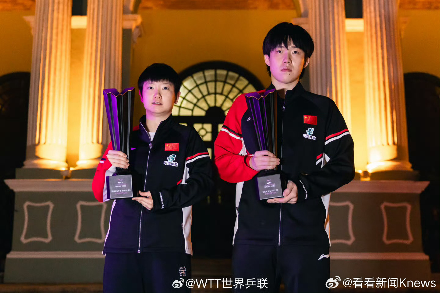 【#王楚钦孙颖莎澳门宣传照合影#】冠军、夺冠后，前往岗顶剧院和澳门银河莱佛士6/