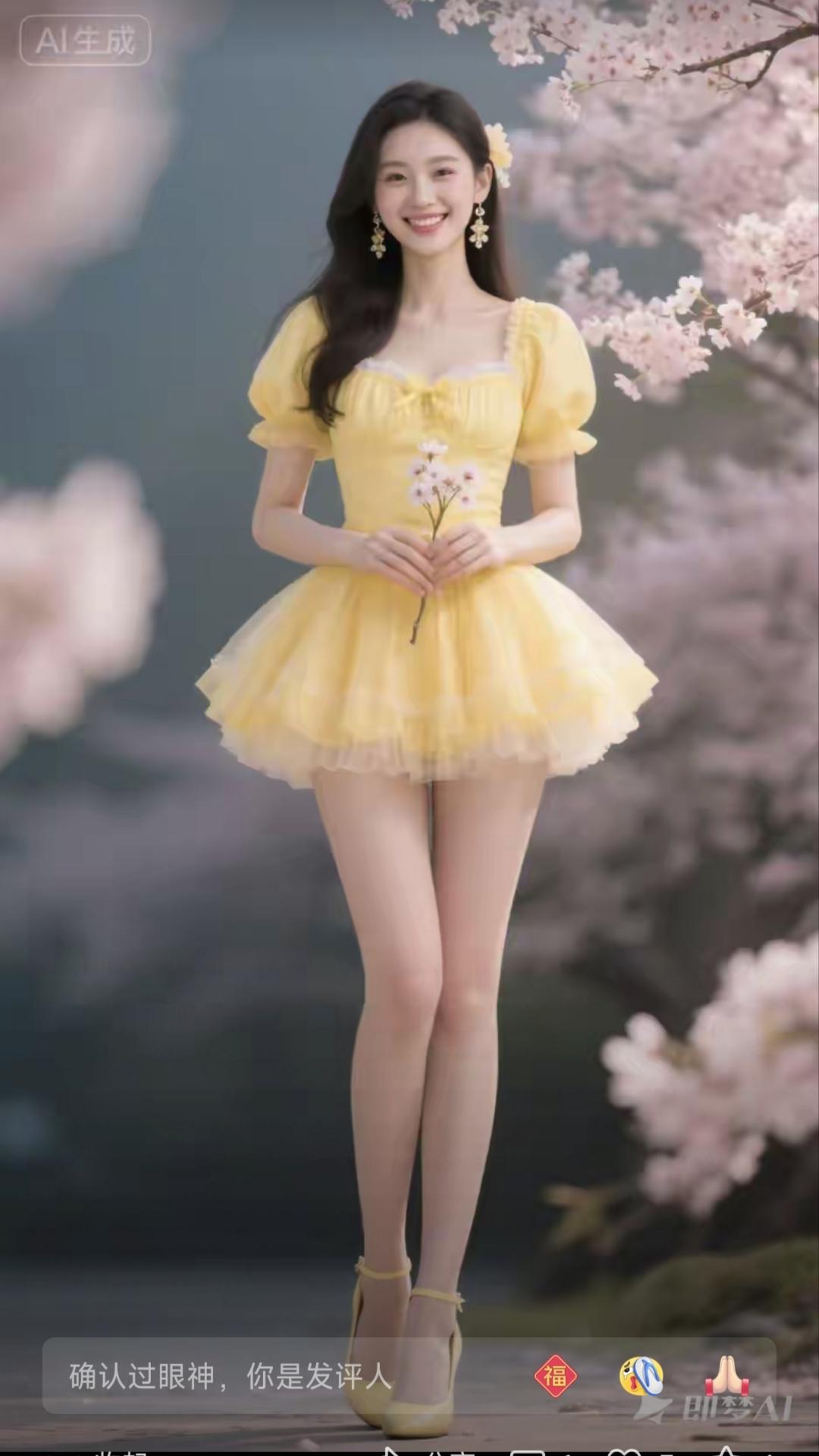 花间佳人
黄纱轻立百花丛，
笑靥清澄沐暖风。
一顾嫣然春色满，
恍如仙子下瑶宫。