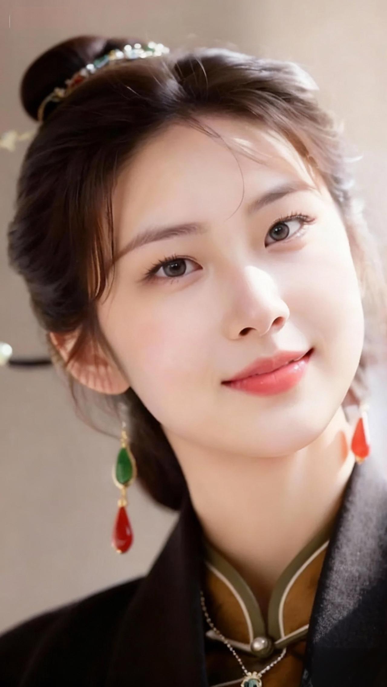 古风美女，红绿相间的耳坠，典雅的发饰，温婉的笑容，让人陶醉。