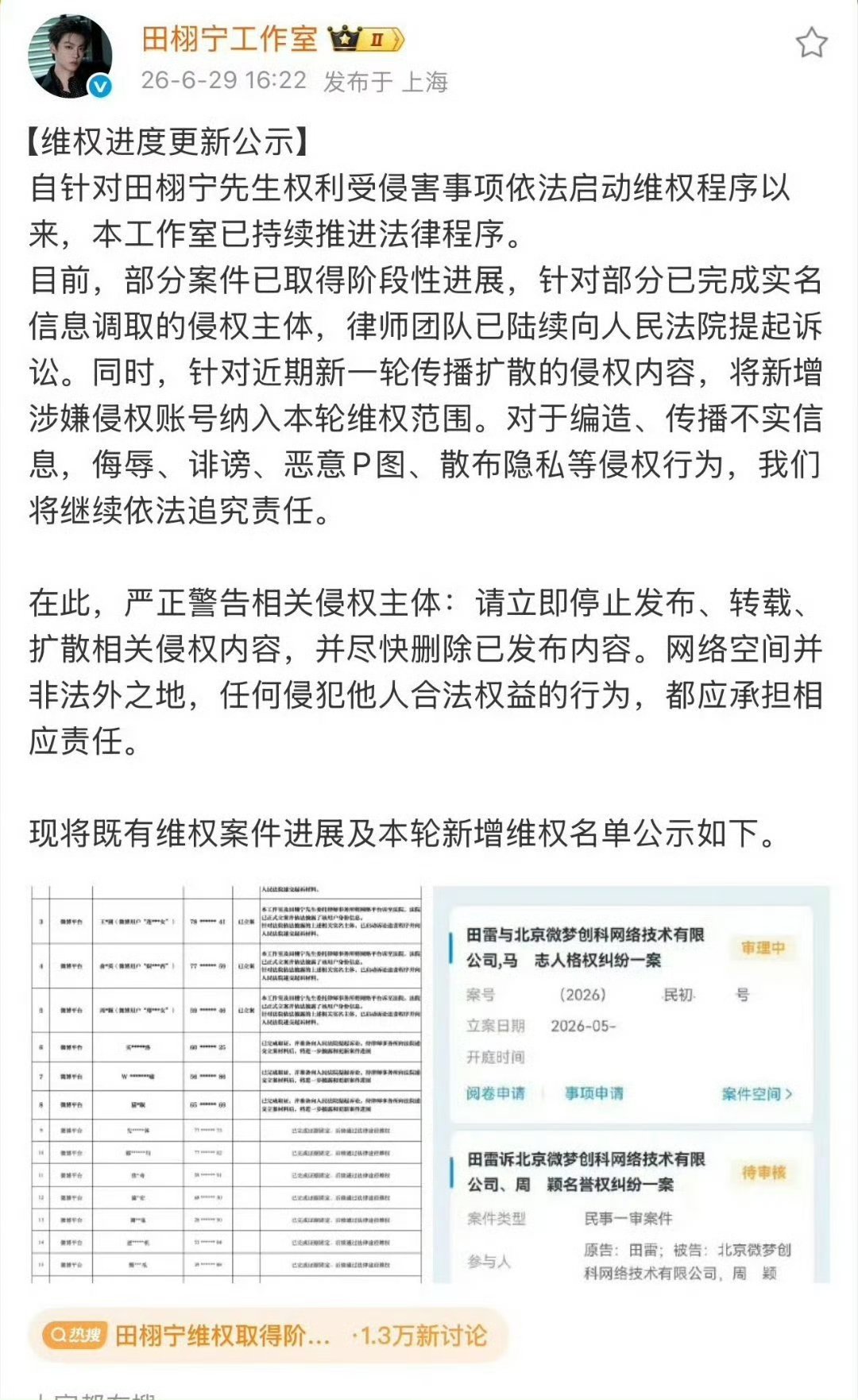 田栩宁没有义务包容某些侵犯隐私的违法行为，现在网络上造谣的成本太低了而告黑维权的