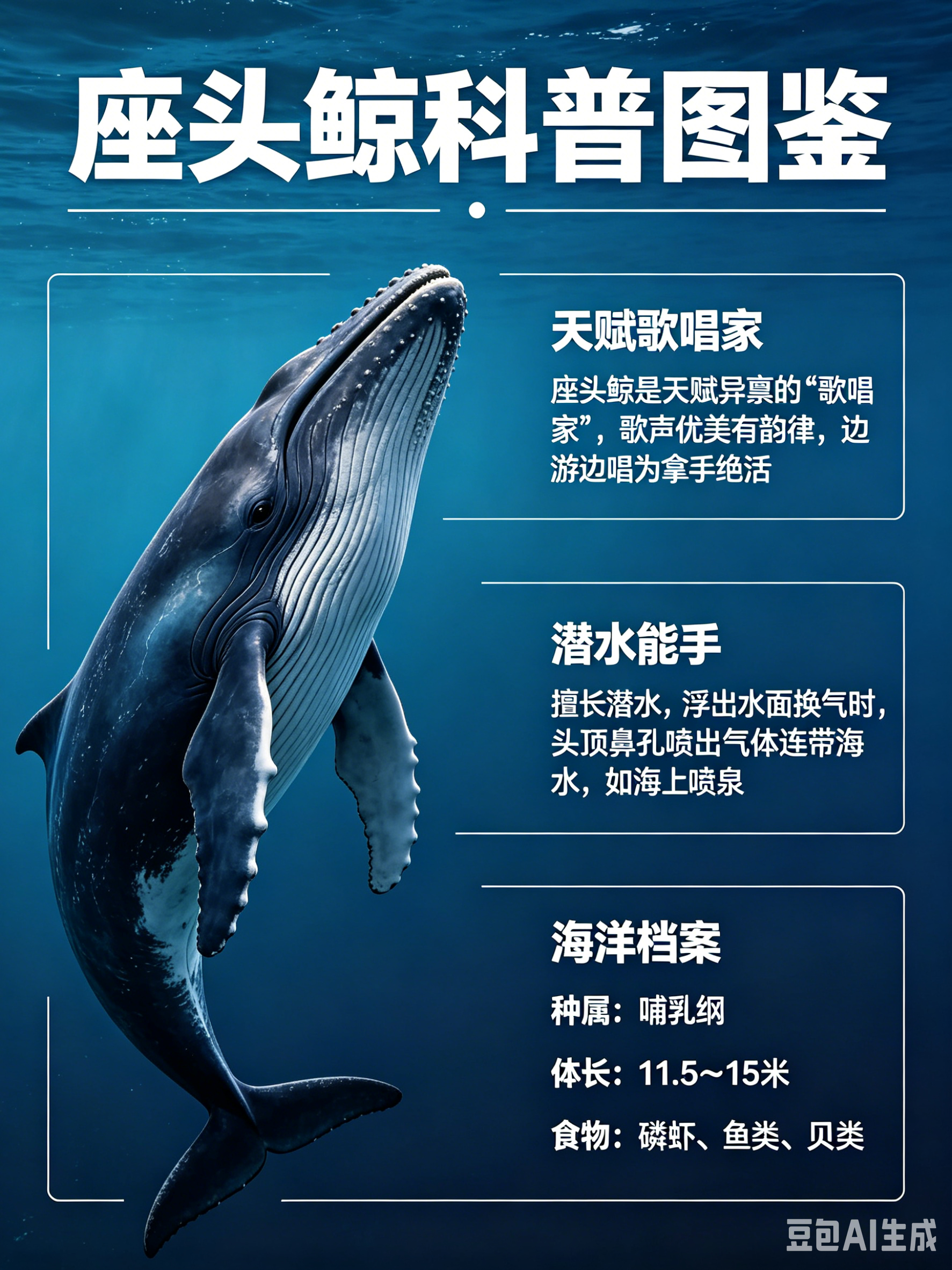 海洋朋友圈 座头鲸海洋档案种　属：哺乳纲体　长：11.5～15米食　物：磷虾、鱼