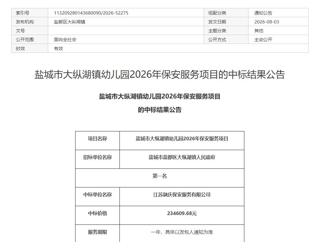 盐城市大纵湖镇幼儿园2026年保安服务项目完成招标，江苏融庆保安服务有限公司成功