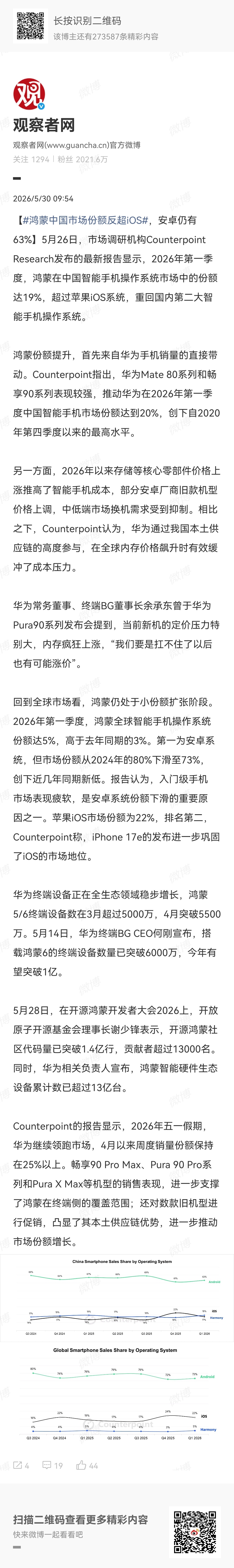 鸿蒙中国市场份额反超iOS5月26日，市场调研机构Counterpoint Re